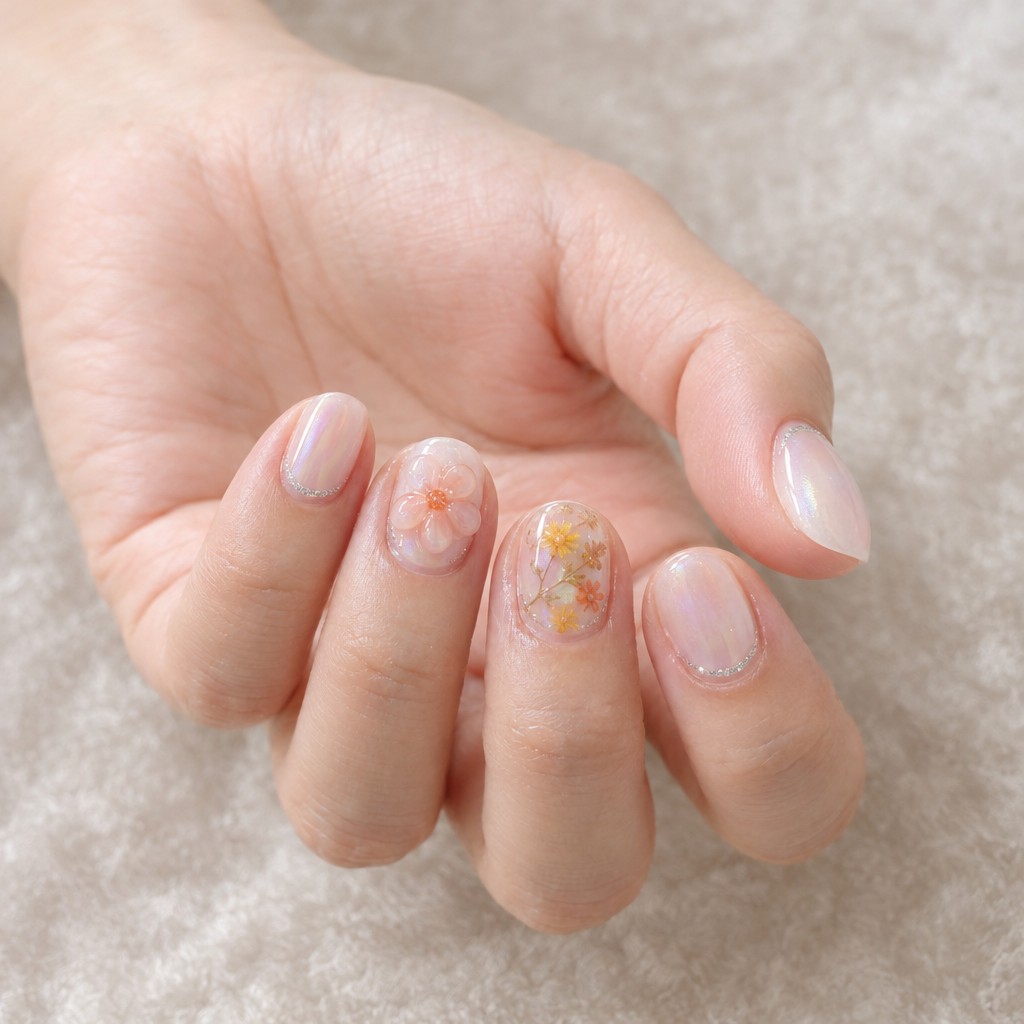 ミルキーピンクのネイルに、花のデザインを合わせた手元