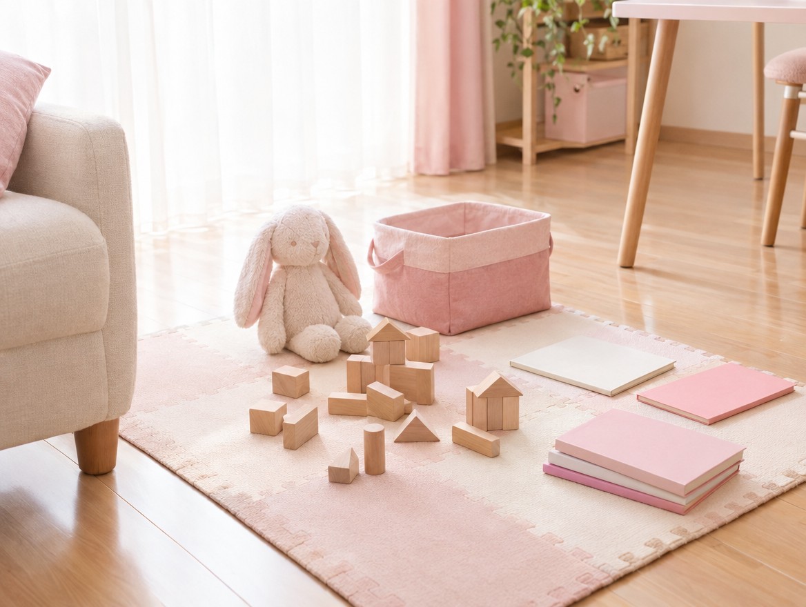 マットの上に積み木や絵本、うさぎのぬいぐるみが置かれたキッズスペース