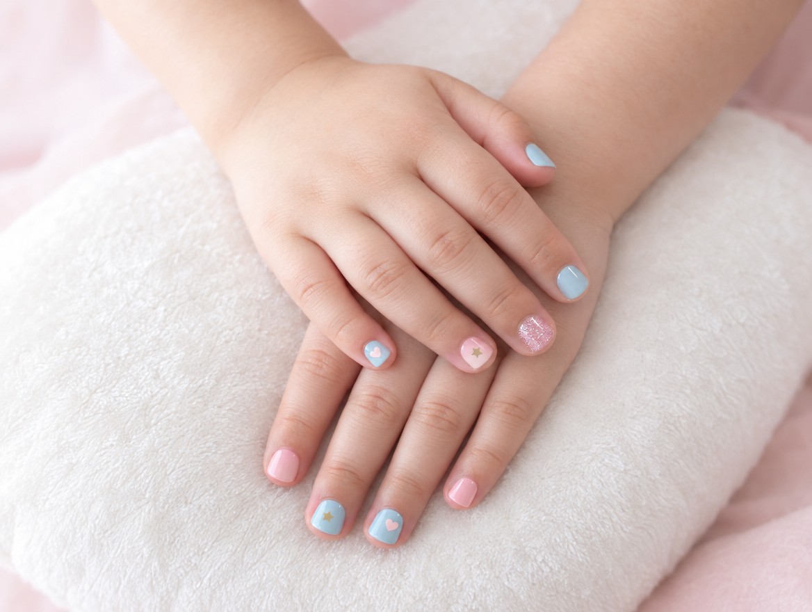 水色とピンクのキッズネイルをした子どもの手元