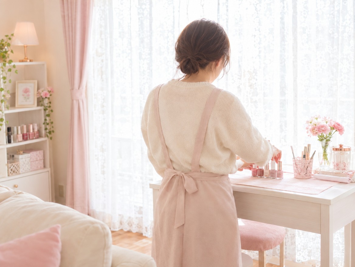 施術テーブルで準備をするネイリストの後ろ姿